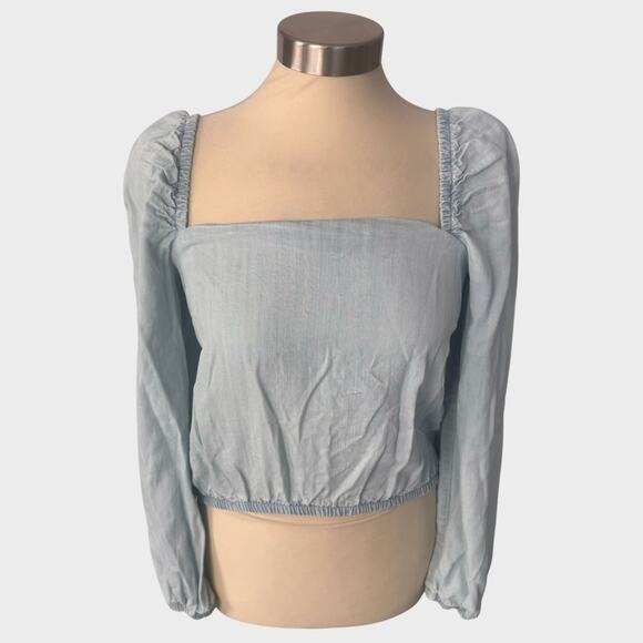CLoth & Stone Small Blue Chambray Top Square Neck Puff Shoulder - Picture 1 of 8
